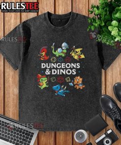 Cute Dungeons and Dinos washed t-shirt featuring vibrant graphics of dinosaurs and fantasy elements.