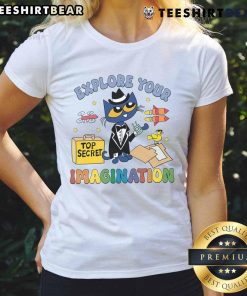 Cute Explore Your Imagination Pete The Cat Ladies Tee featuring colorful graphics and playful design for cat lovers.
