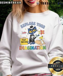 Cute Explore Your Imagination Pete The Cat sweatshirt featuring vibrant colors and playful design for kids.
