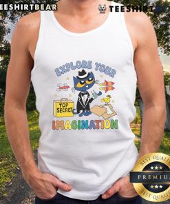 Adorable Pete the Cat tank top featuring 'Explore Your Imagination' design, perfect for kids' casual wear and creativity.