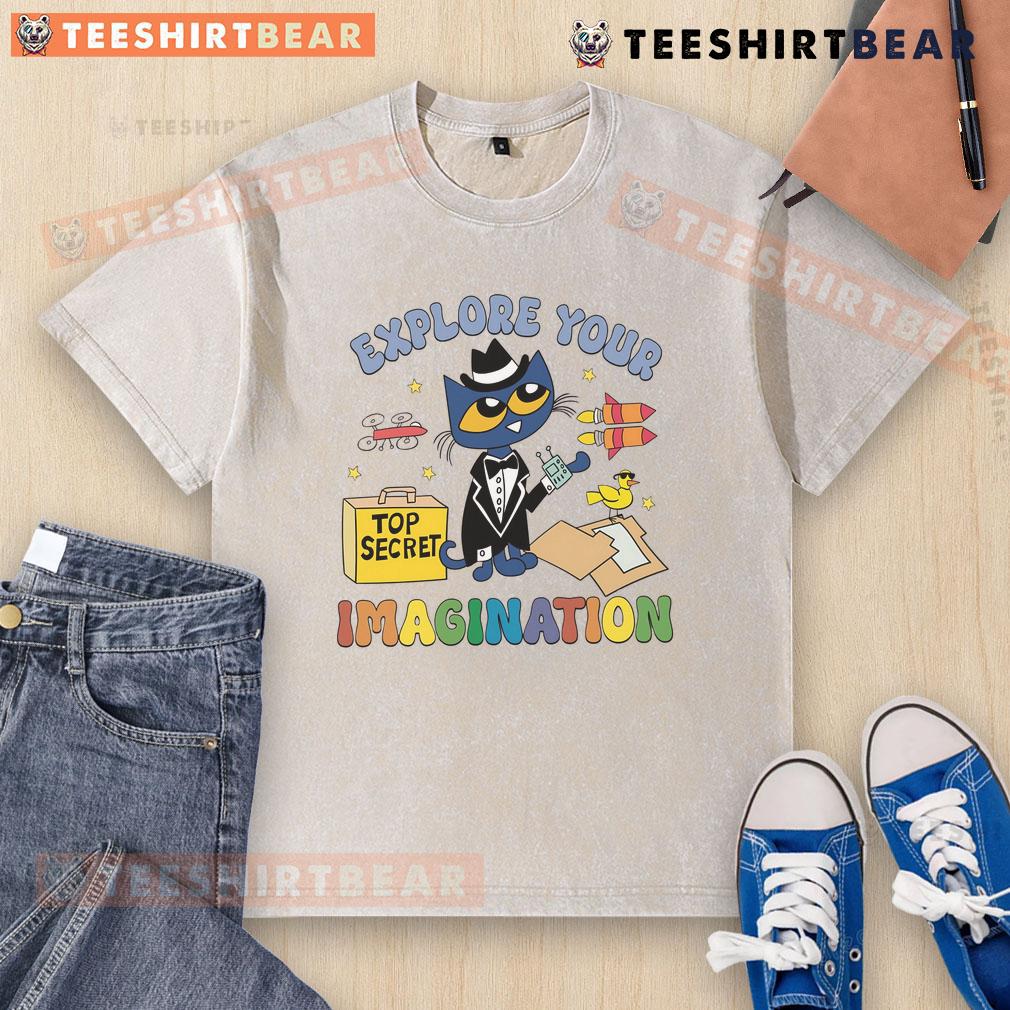 Cute Explore Your Imagination Pete The Cat Washed T Shirt Cute Pete the Cat washed T-shirt design for kids, encouraging imagination and creativity in playful colors.