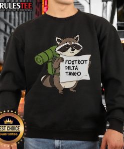 Alt Text: Cute Foxtrot Delta Tango raccoon sweatshirt featuring an adorable raccoon graphic on a cozy pullover design.