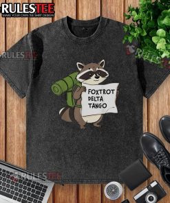 Alt Text: Cute Foxtrot Delta Tango raccoon design on a stylish washed t-shirt, perfect for animal lovers and casual wear.