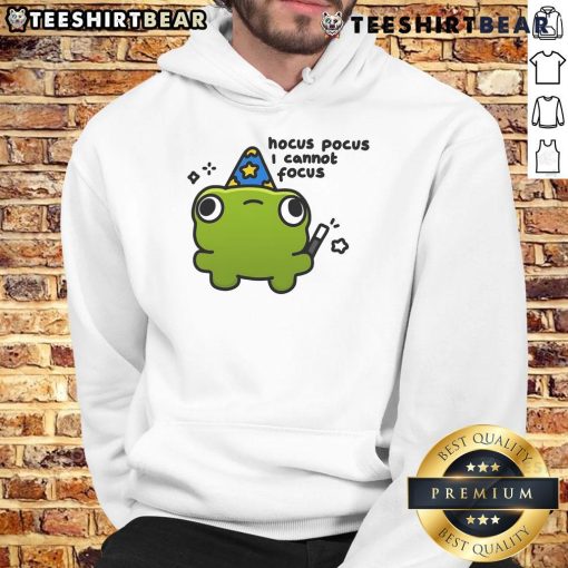 Adorable frog hoodie with 'Hocus Pocus I Cannot Focus' text, perfect for cozy fall fashion and Halloween vibes.