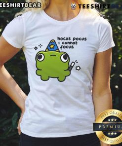 Alt Text: Cute frog graphic on a 'Hocus Pocus I Cannot Focus' ladies tee, perfect for Halloween and casual wear.