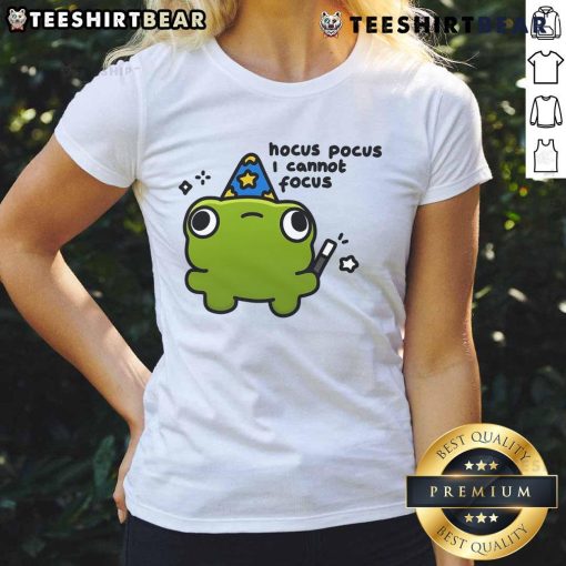 Alt Text: Cute frog graphic on a 'Hocus Pocus I Cannot Focus' ladies tee, perfect for Halloween and casual wear.