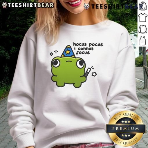 Cute Frog Hocus Pocus I Cannot Focus Sweatshirt featuring a whimsical frog design perfect for casual wear.