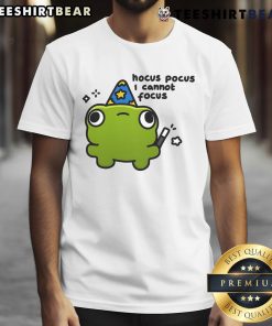 Alt Text: Cute Frog Hocus Pocus I Cannot Focus T-Shirt featuring a playful frog design perfect for Halloween and casual wear.