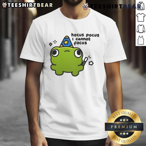 Alt Text: Cute Frog Hocus Pocus I Cannot Focus T-Shirt featuring a playful frog design perfect for Halloween and casual wear.