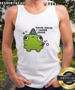 Adorable frog graphic on a 'Hocus Pocus I Cannot Focus' tank top, perfect for quirky fashion lovers and frog enthusiasts.