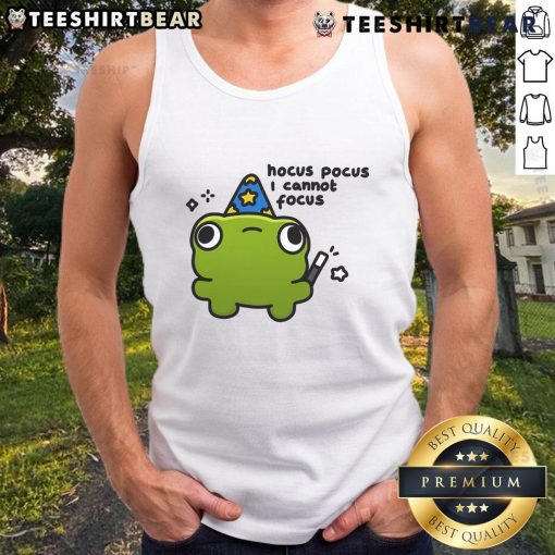 Adorable frog graphic on a 'Hocus Pocus I Cannot Focus' tank top, perfect for quirky fashion lovers and frog enthusiasts.