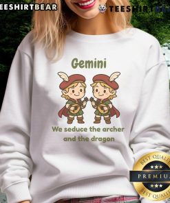 Alt Text: Cute Gemini twin bards seducing an archer and a dragon on a stylish sweatshirt for unique fashion lovers.