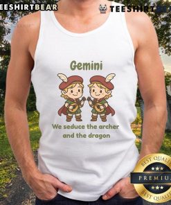 Cute Gemini twin bards in a colorful tank top, 'We Seduce the Archer and the Dragon', perfect for astrology fans.