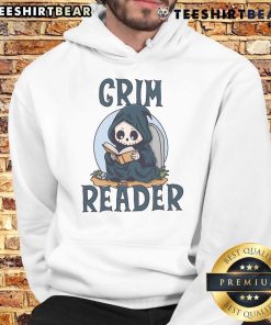 Cute Grim Reader in a cozy hoodie, deeply engrossed in reading a book, capturing a whimsical literary moment.