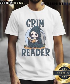 Alt Text: Cute Grim Reader wearing a whimsical T-shirt, engrossed in a book, perfect for book lovers and Halloween enthusiasts.
