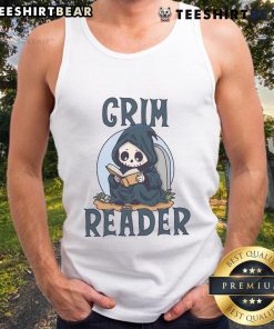 Cute Grim Reader in a tank top enjoying a book, perfect for book lovers and cozy reading moments.