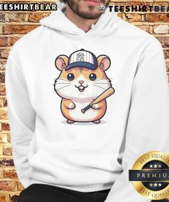 Cute hamster wearing a New York Yankees hoodie, showcasing its adorable style and team spirit in a playful pose.