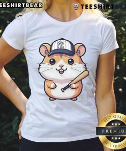 Cute hamster wearing a New York Yankees tee, showcasing a playful and stylish pet look for baseball fans.