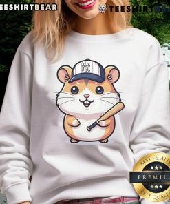 Cute hamster wearing a New York Yankees sweatshirt, showcasing adorable pet fashion and team spirit.