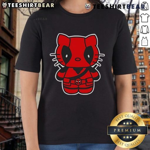 Cute Hello Deadpool Hello Kitty ladies tee featuring a fun graphic blend of Deadpool and Hello Kitty characters.