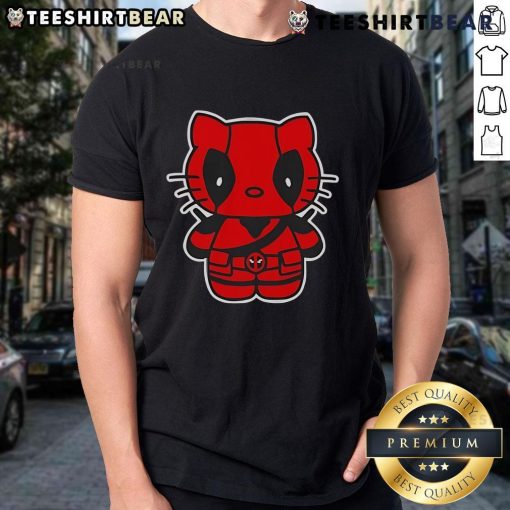 Alt Text: Cute Hello Deadpool Hello Kitty T-Shirt featuring a playful design of Hello Kitty dressed as Deadpool. Perfect for fans!
