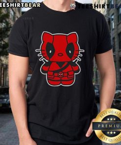 Alt Text: Cute Hello Deadpool Hello Kitty T-Shirt featuring a playful design of Hello Kitty dressed as Deadpool. Perfect for fans!