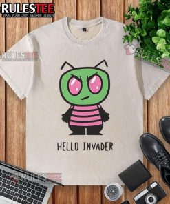 Adorable Hello Kitty and Invader Zim mashup on a washed t-shirt featuring a cute alien parody design.
