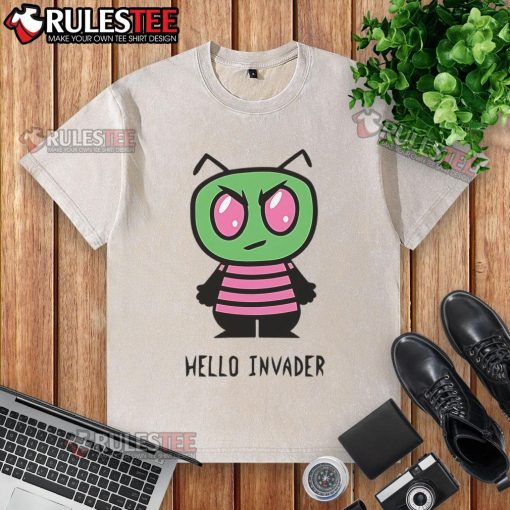 Adorable Hello Kitty and Invader Zim mashup on a washed t-shirt featuring a cute alien parody design.