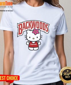 Alt Text: Cute Hello Kitty Backwoods Ladies Tee featuring a playful design, perfect for casual outings and Hello Kitty fans.