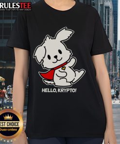 Cute Hello Krypto the Superdog Ladies Tee featuring vibrant graphics of Krypto in a stylish women's shirt design.