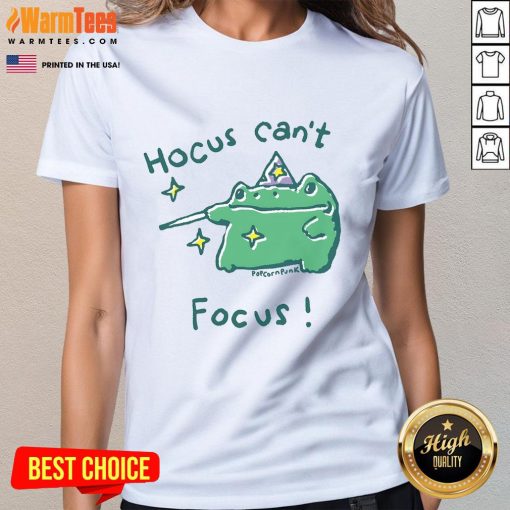 Cute Hocus Can't Focus Frog Ladies Tee featuring a whimsical frog design, perfect for casual wear and animal lovers.