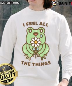 Alt Text: Cute neurodivergent emotional frog sweatshirt featuring vibrant colors and a whimsical design expressing feelings.