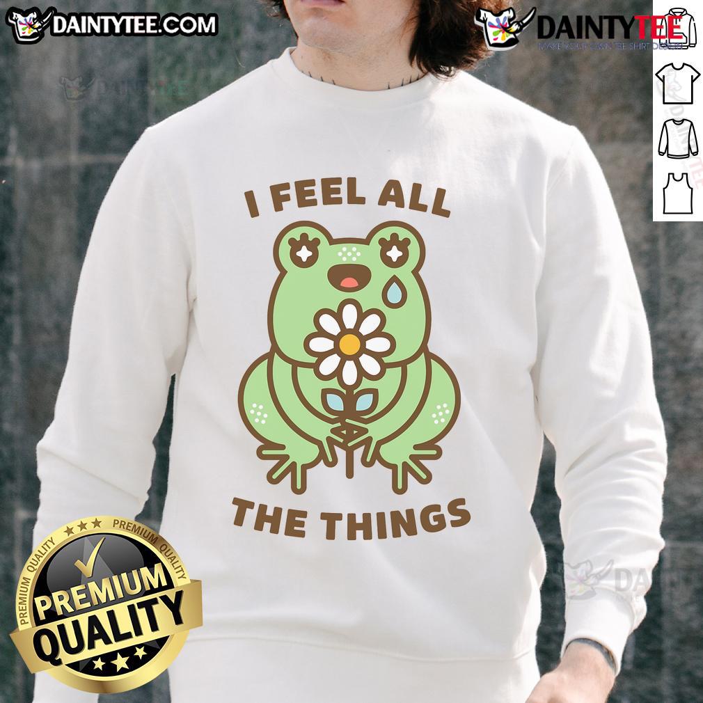 Cute I Feel All The Things Neurodivergent Emotional Frog Sweatshirt Alt Text: Cute neurodivergent emotional frog sweatshirt featuring vibrant colors and a whimsical design expressing feelings.