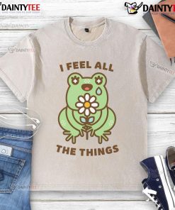 Alt Text: Cute neurodivergent emotional frog graphic on a washed t-shirt, perfect for expressing feelings and individuality.