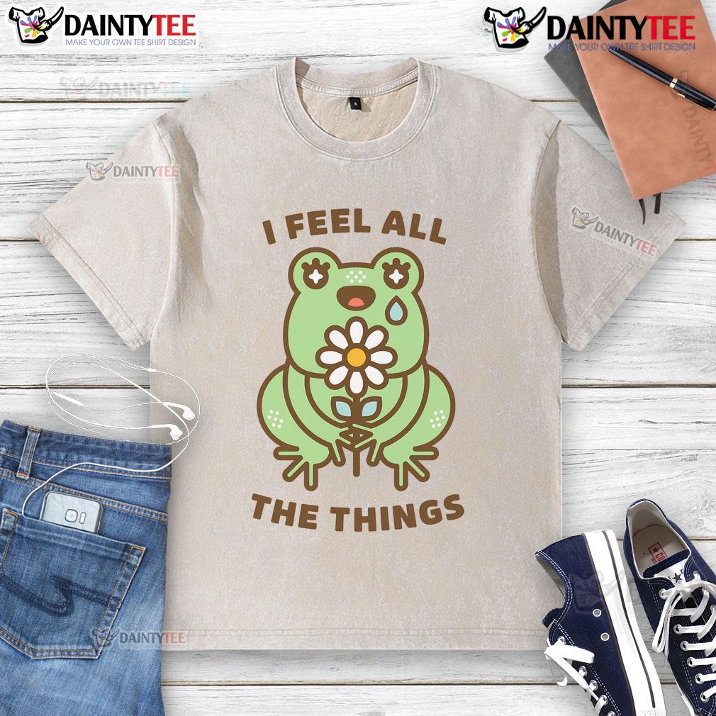 Cute I Feel All The Things Neurodivergent Emotional Frog Washed T Shirt Alt Text: Cute neurodivergent emotional frog graphic on a washed t-shirt, perfect for expressing feelings and individuality.