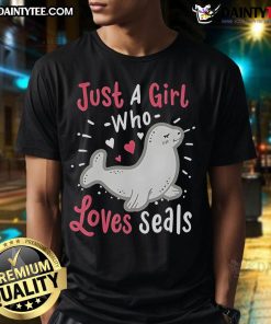 Alt Text: Cute Just A Girl Who Loves Seals T-shirt design featuring a playful seal graphic and vibrant colors.