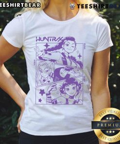 Cute K-Pop demon hunters in stylish Huntrix ladies tee, showcasing vibrant colors and playful design.