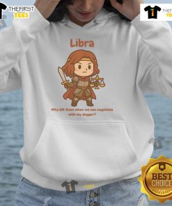 Cute Libra the Fighter hoodie design featuring a whimsical dagger and negotiation theme, perfect for zodiac lovers.