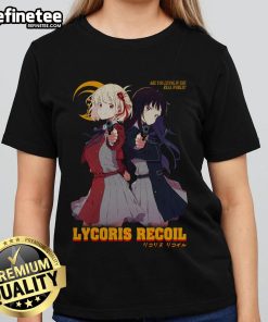 Alt Text: Cute LycoReco Lycoris Recoil ladies tee featuring vibrant anime graphics and stylish design for fans.