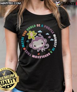 Adorable purple monkey in a bubblegum tree on a ladies tee, perfect for fun and whimsical fashion lovers.