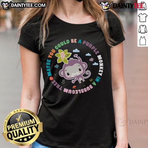 Adorable purple monkey in a bubblegum tree on a ladies tee, perfect for fun and whimsical fashion lovers.