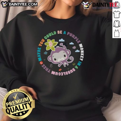 Alt Text: Cute purple monkey in a bubblegum tree sweatshirt, perfect for playful and fun fashion lovers.
