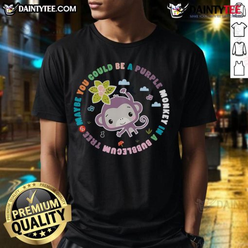 Alt Text: Cute purple monkey in a bubblegum tree graphic on a fun T-shirt, perfect for kids and playful fashion lovers.