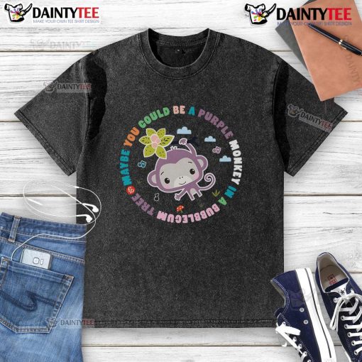 Cute washed t-shirt featuring a purple monkey in a bubblegum tree design, perfect for playful and vibrant fashion.