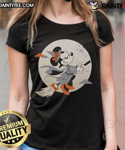 Alt Text: Cute Minnie Mouse in a witch costume on a Halloween ladies tee, perfect for festive celebrations.