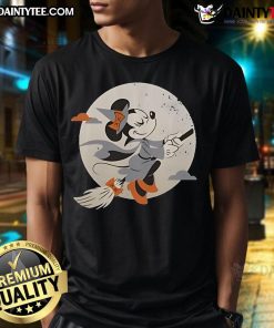 Alt Text: Cute Minnie Mouse in witch costume Halloween t-shirt, perfect for festive celebrations and Disney fans.