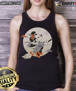 Alt Text: Cute Minnie Mouse in a witch costume Halloween tank top, perfect for festive celebrations and Disney fans.