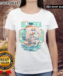 Cute Monkey D. Luffy from One Piece on a blue sea cruise, perfect for ladies' tee fans of the anime series.