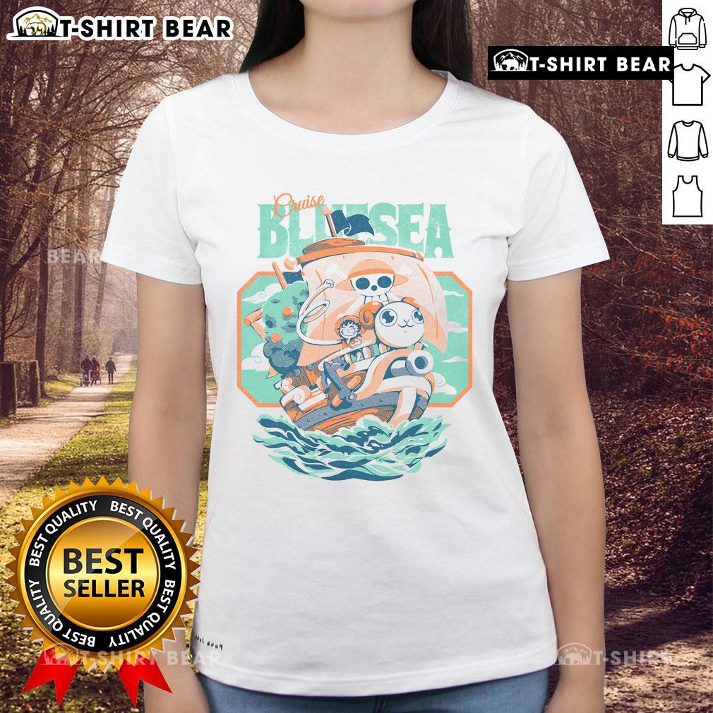 Cute Monkey D Luffy One Piece Blue Sea Cruise Ladies Tee Cute Monkey D. Luffy from One Piece on a blue sea cruise, perfect for ladies' tee fans of the anime series.