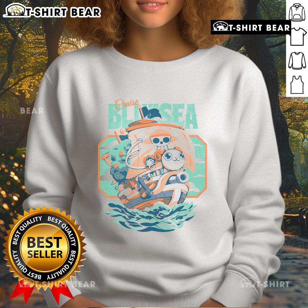 Cute Monkey D Luffy One Piece Blue Sea Cruise Sweatshirt Cute Monkey D. Luffy from One Piece wearing a blue sea cruise sweatshirt, perfect for anime fans.